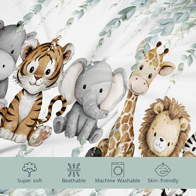 HawSkgFub African Safari Jungle Animals Eucalyptus Leaf Changing Pad Cover Baby Girl Boy, Giraffe Elephant Leopard Lion Zebra Diaper Change Table Sheet Soft Stretchy Safe Snug Fitted Fit 32"/34" x 16"