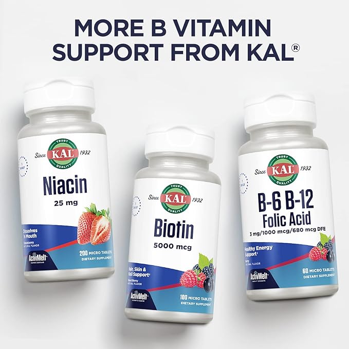 KAL Vitamin B12 Methylcobalamin and Adenosylcobalamin 2000 mcg ActivMelt, B12 Energy Supplements, Metabolism, Nerve, Red Blood Cell Support, High Absorption, Natural Berry, 60 Serv, 60 Micro Tablets