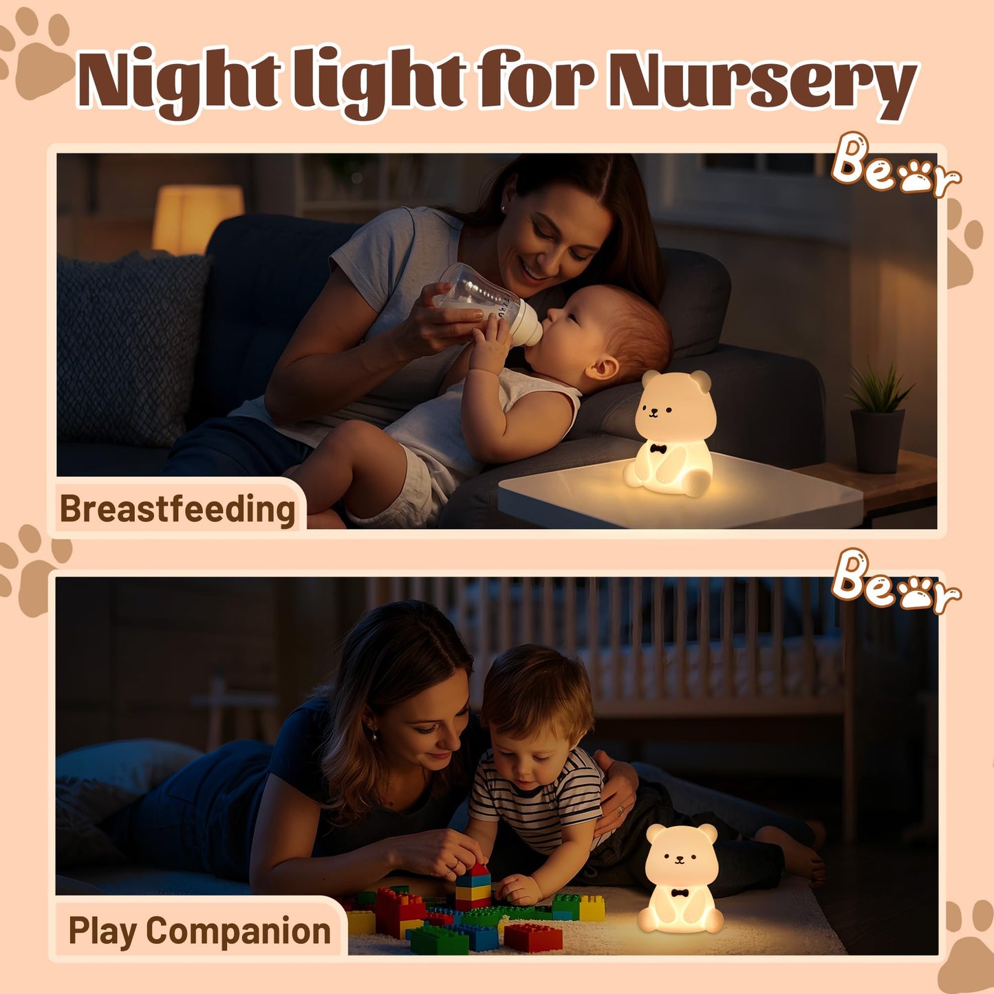 Attivolife Teddy Bear Night Light For Kids  Baby Nursery Beside Silicone Lamp  Protable Usb Rechargeable Kids  Bedroom Nightlight With 8 Color Lights  Birthday Christmas Gifts For Girl Boy Children