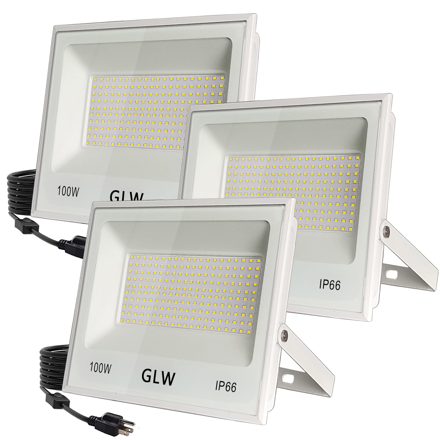 GLW 100W LED Flood Lights - 3 Pack, 10000LM, IP66 Waterproof, 6000K Daylight for Outdoor Use, Metal Construction