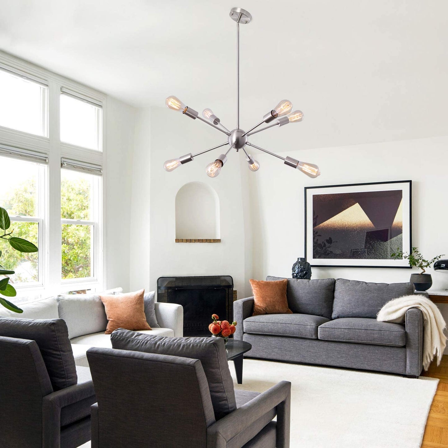 ETONIMERR Sputnik Chandelier, 8 Lights, Brushed Nickel, Mid Century Modern Ceiling Light Fixture, Model LS-D0005S-8-SN