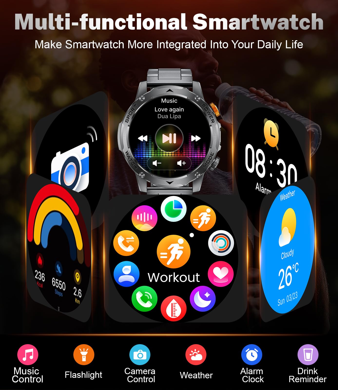 BENYAR SMART Military Smart Watches for Men(3 Bands),1000mAh/1.75" HD Large Screen Smartwatch, Flashlight/110+ Sports Modes/IP68 Waterproof/Sleep Monitor Fitness Tracker Watch for Android IOS,Gunmetal