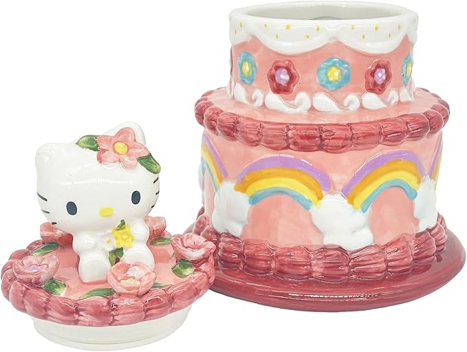 Blue Sky Clayworks Hello Kitty Cake Cookie Jar, Ceramic, 6.75" L x 6.75" W x 9.25" H, Rainbow Layer Treat Keeper