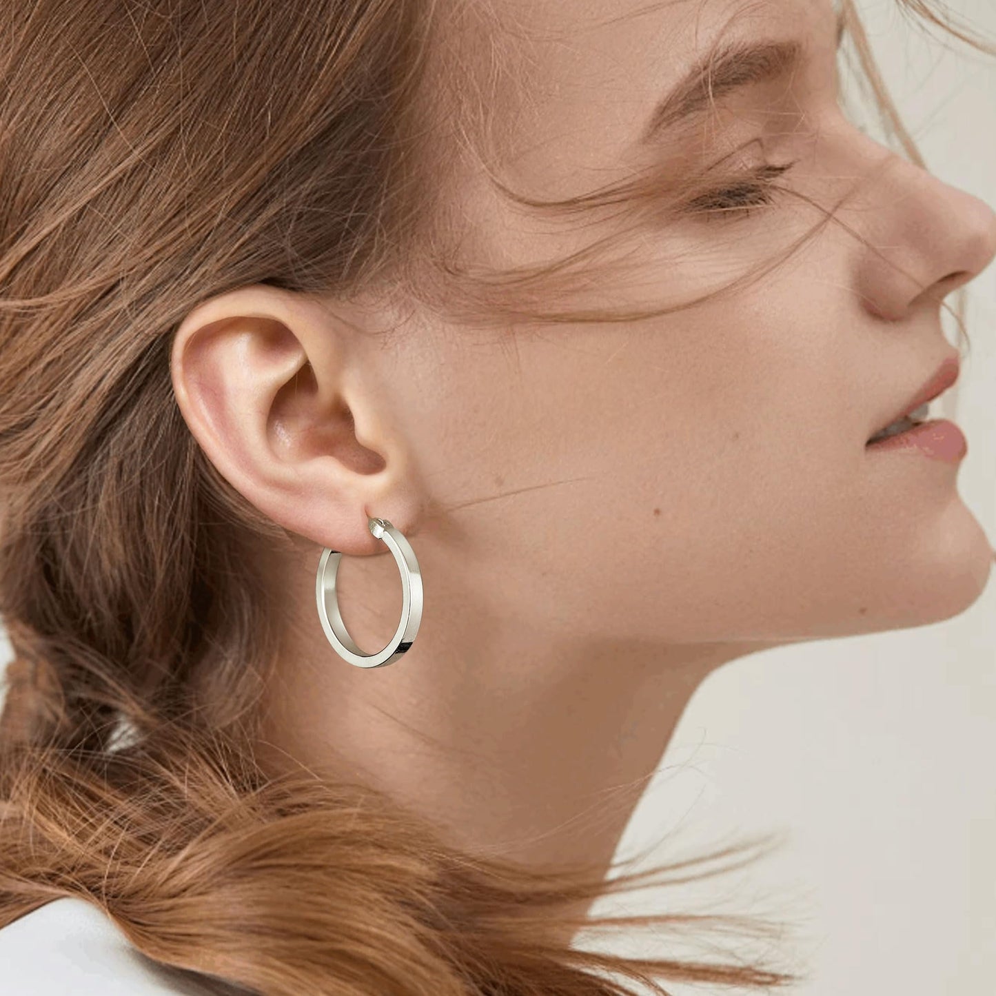 Gacimy Silver Hoop Earrings for Women, 14K White Gold Plated Flatted Hoops with 925 Sterling Silver Post, 20mm Medium Earrings f
