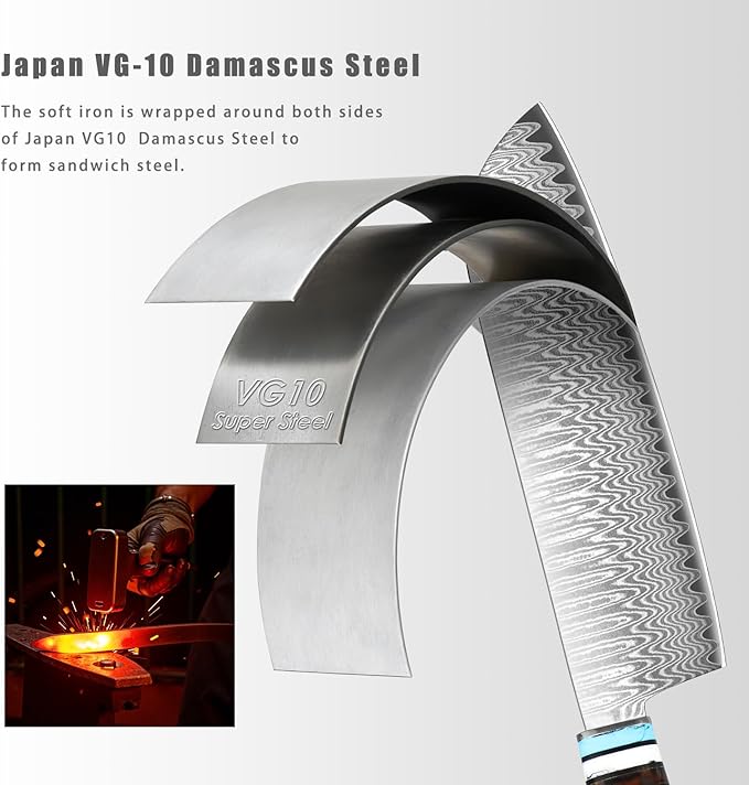 Kuwata Chef Knife Set Damascus, Professional Japanese VG-10 High Carbon Stainless Steel Kitchen Knife Set Chefs Knife, Boning Knives, Santoku Knife, Knife Set for Kitchen with Gift Box