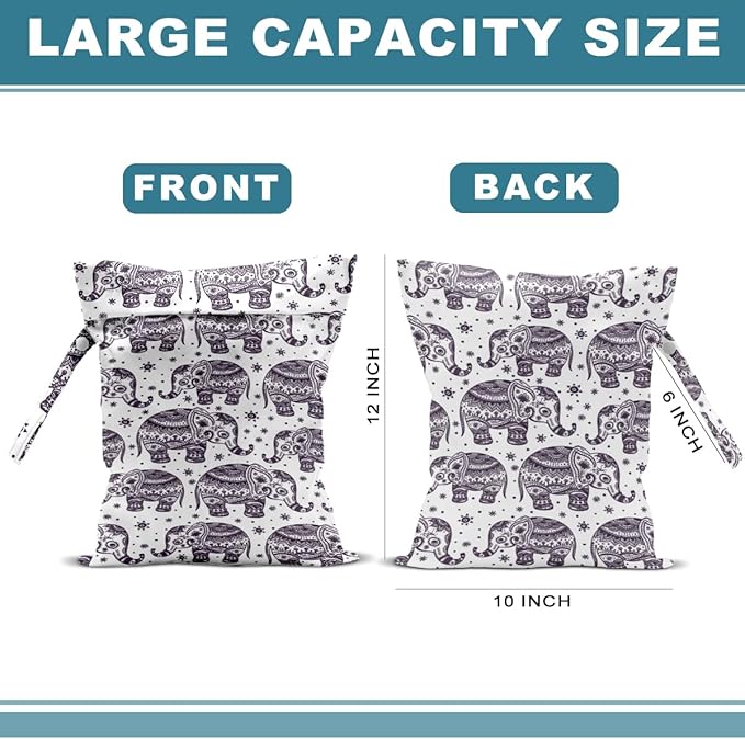 2Pcs Elephant Wet Bag 12x10 Inch, Exotic Elephants Waterproof Travel Laundry Bags, Washable Reusable Wet Dry Bag for Swimsuit Beach Diapers Dirty Yoga Gym Clothes, Elephant Gifts for Women Friend