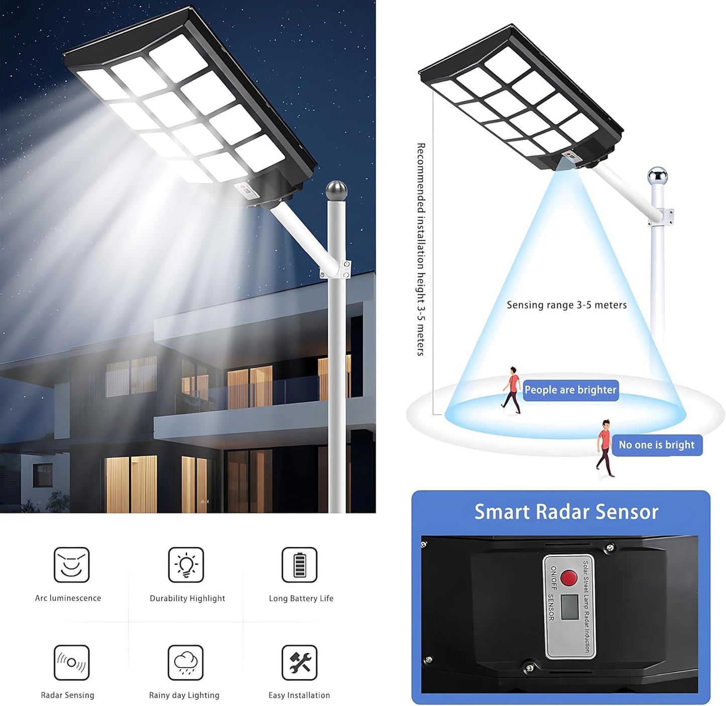 Qoeudd Solar Street Light, 12000W Ip66 Waterproof Flood Light, 600000Lm, Remote Control For Outdoor Courtyard/Garden/Yard