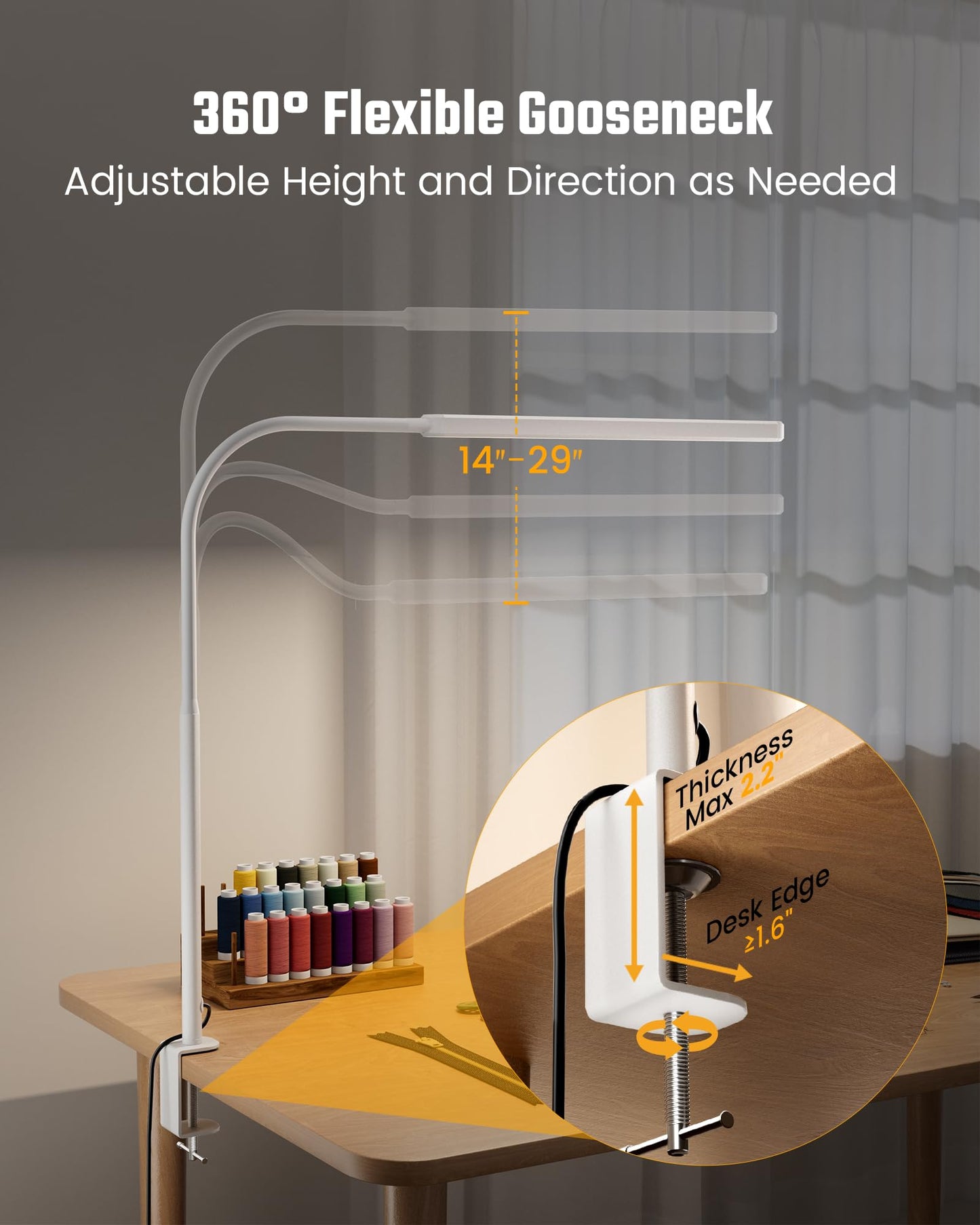 Superdanny Eye-Caring Led Desk Lamp 360?Flexible Gooseneck Work Lamp With Desk Side Clamp Touch Control 3 Light Colors Smooth Dimming Task Lighting Reading Light For Home Office College Dorm  White