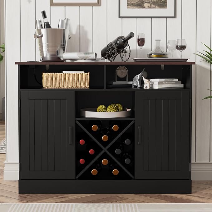 MHOM Farmhouse Coffee Bar Cabinet with Prower Outlets, Rustic Liquor Cabinet with Wine Rack, Wooden Wine Cabinet for Dining Room & Living Room, Black