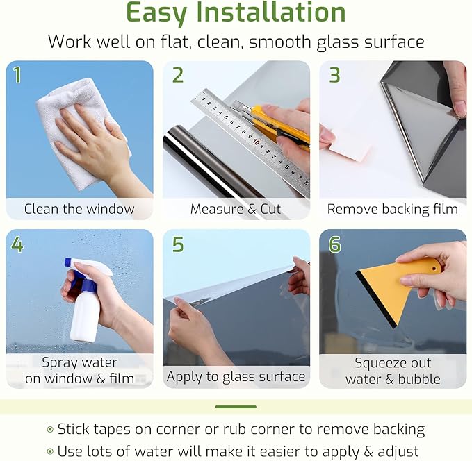 LUTE One Way Window Privacy Film, Window Tint for Home, Sun Blocking UV Heat Blocker, See Out Not in Reflective Mirror Film, Removable Static Cling Glass Door Cover, Black Silver, 17.5" x 78.7"