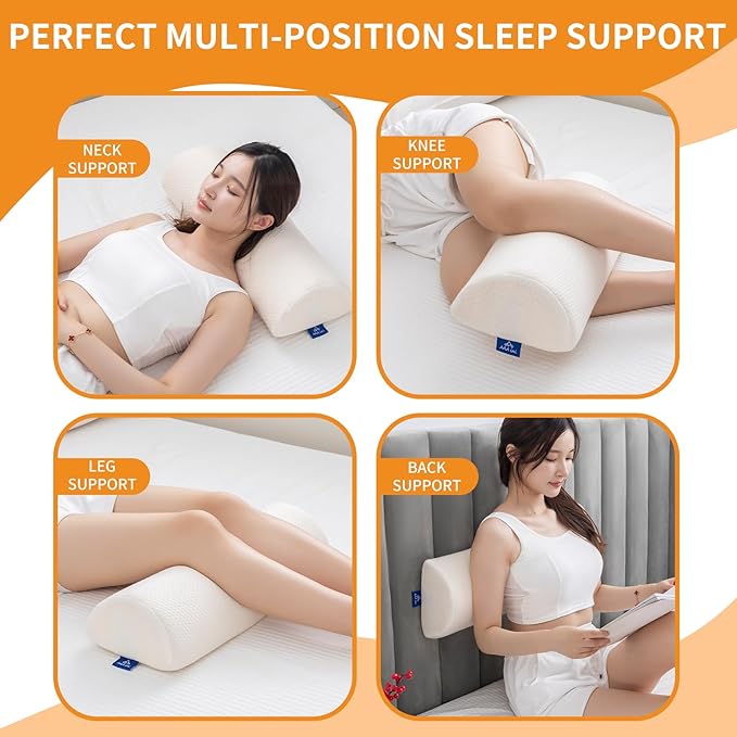Half Moon Bolster Knee Pillow, Back Pain Relief Memory Foam Leg Pillow, Semi Roll Round Lumbar Leg Wedge for Side Sleepers - Reducing Head Neck Spine Hip Pressure - XL