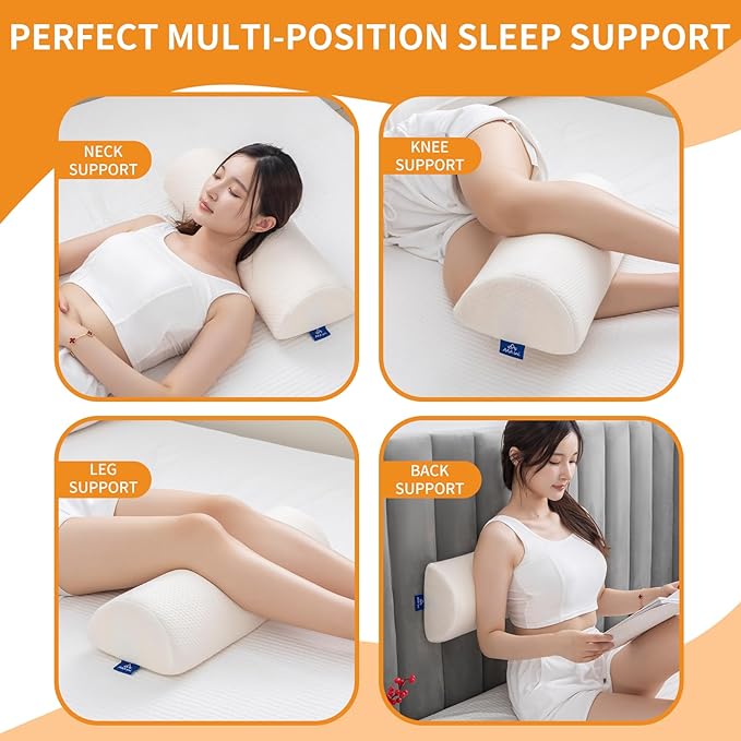 Half Moon Bolster Knee Pillow, Back Pain Relief Memory Foam Leg Pillow, Semi Roll Round Lumbar Leg Wedge for Side Sleepers - Reducing Head Neck Spine Hip Pressure - M