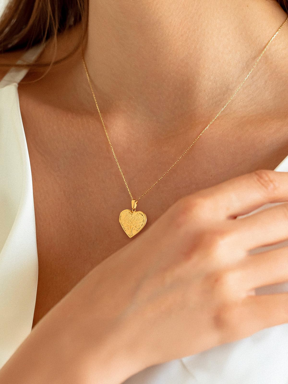 U7 14K Real Gold Plated Family Tree Heart Shape Photo Locket Necklace, Christmas with Decent Box