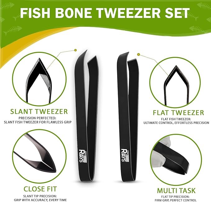 Fish Bone Pliers/Tweezers – Serrated Jaw Plier + Flat & Slant Tweezers | Stainless Steel Pin Bone Remover & Deboning Tools for Salmon, Trout & All Seafood