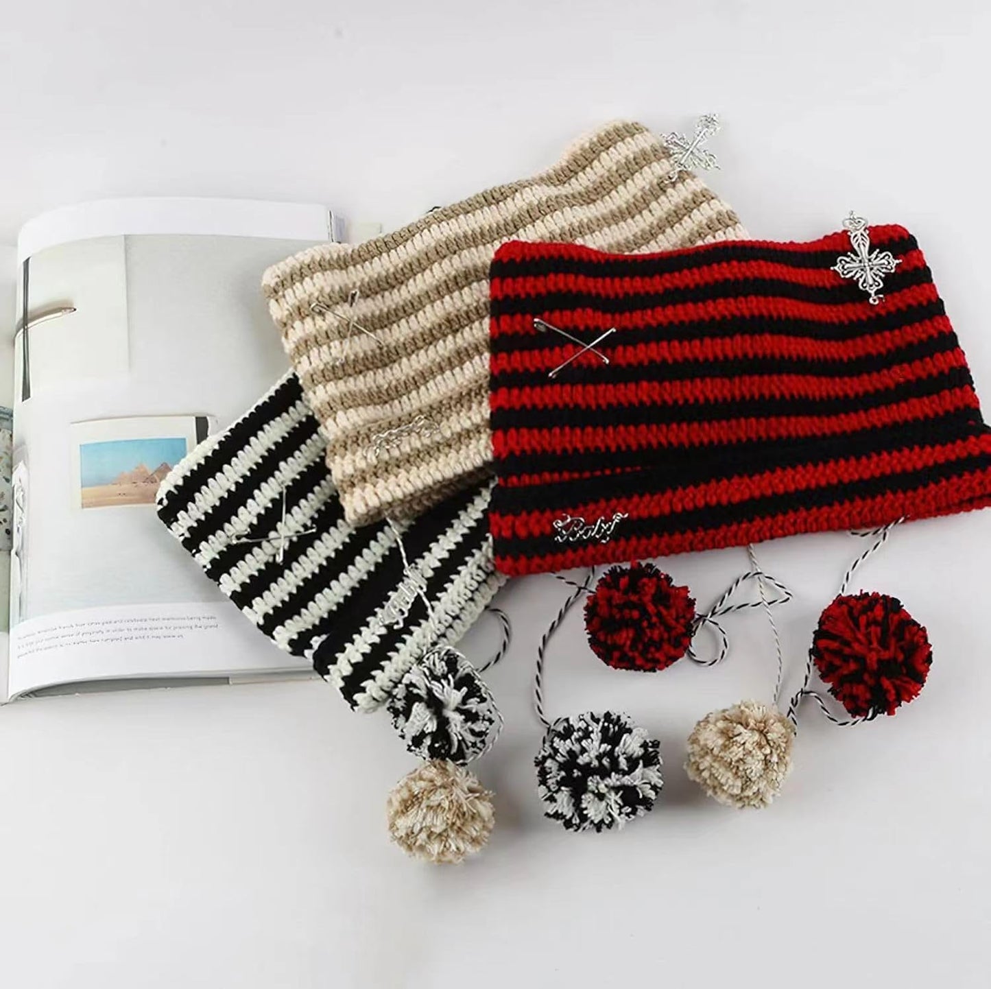 Y2k Beanies Crochet Knitted Cat Hats Goth Cross Devil Hat Striped Alt Emo Accessories Grunge Y2k Aesthetic Clothes (Red,One Size)