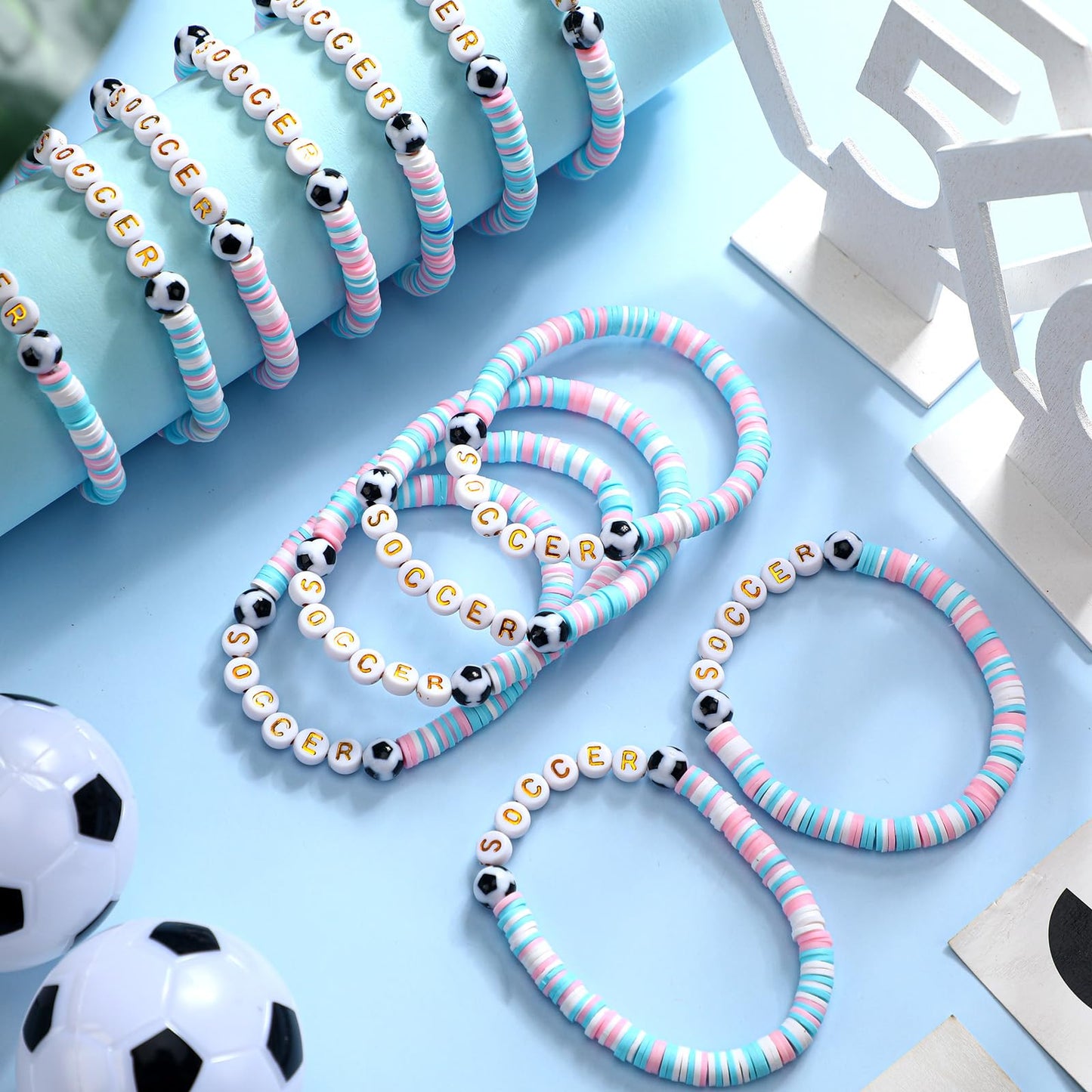 Trnayi 24 Pcs Soccer Bracelets Stackable Clay Beaded Bracelets Soccer Party Favors Beaded Ball Adjustable Clay Bracelet Jewelry