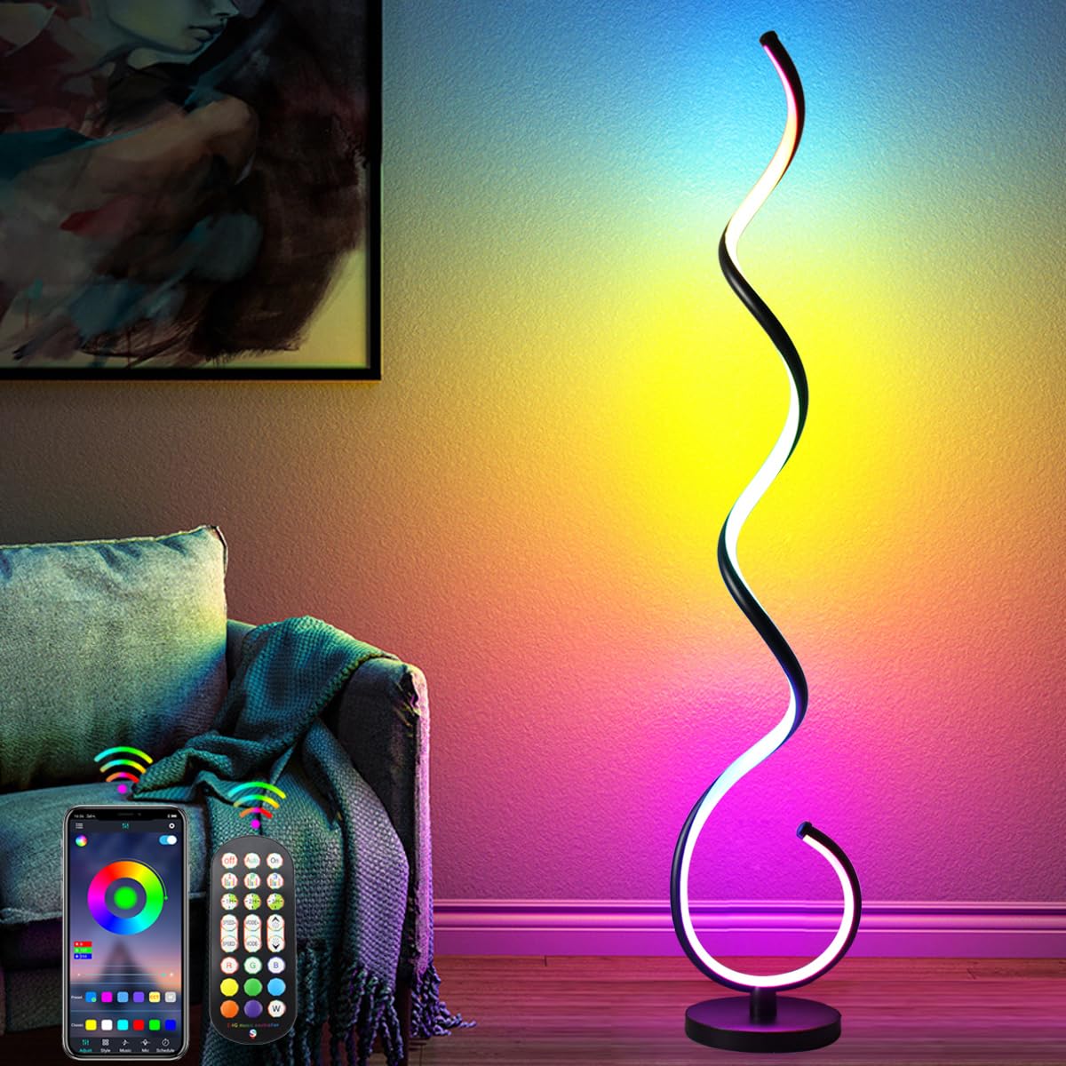 LENIVER RGB Spiral Floor Lamp, Smart Dimmable Corner Lamp with Remote Control, Black RGB, Model LNV-FL09-1-RGB