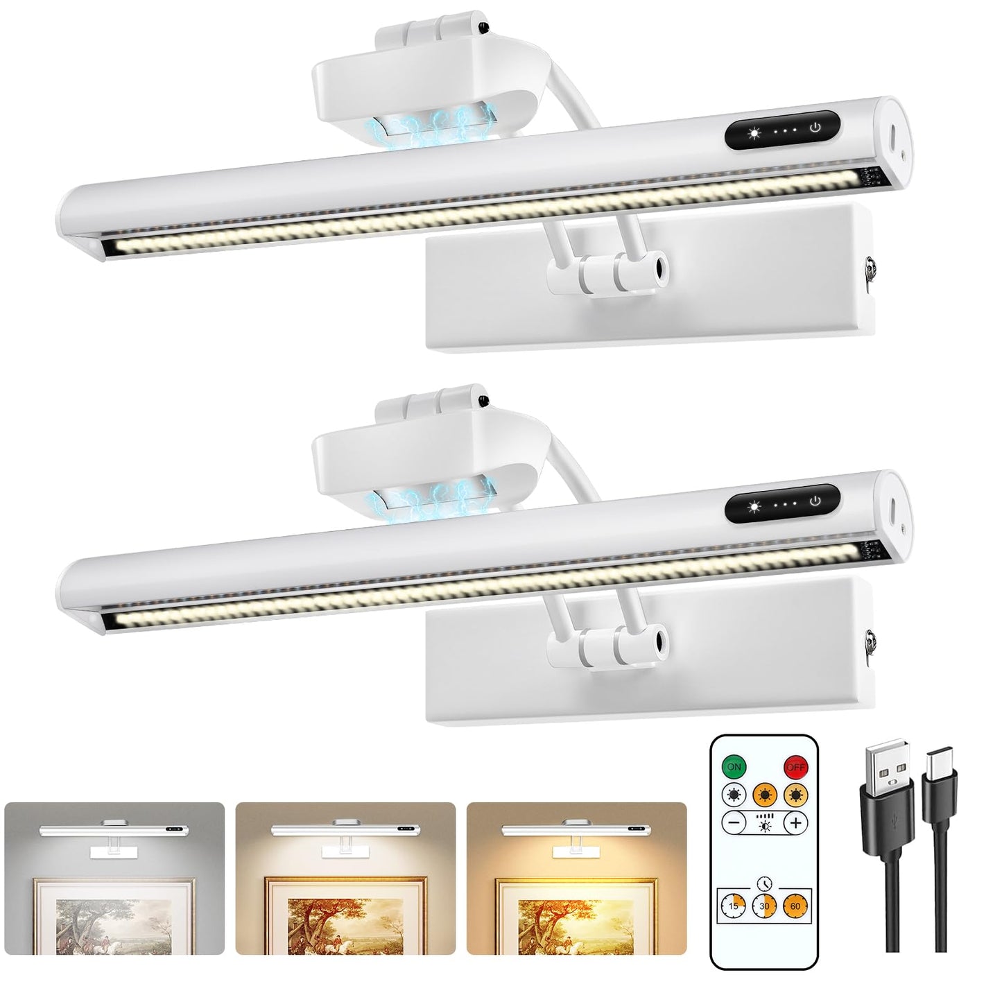 VARICART Magnetic Cordless Picture Light, Remote/Touch Control, 3CCT Dimmable, 16in Metal Wall Sconce, White, 2Pack