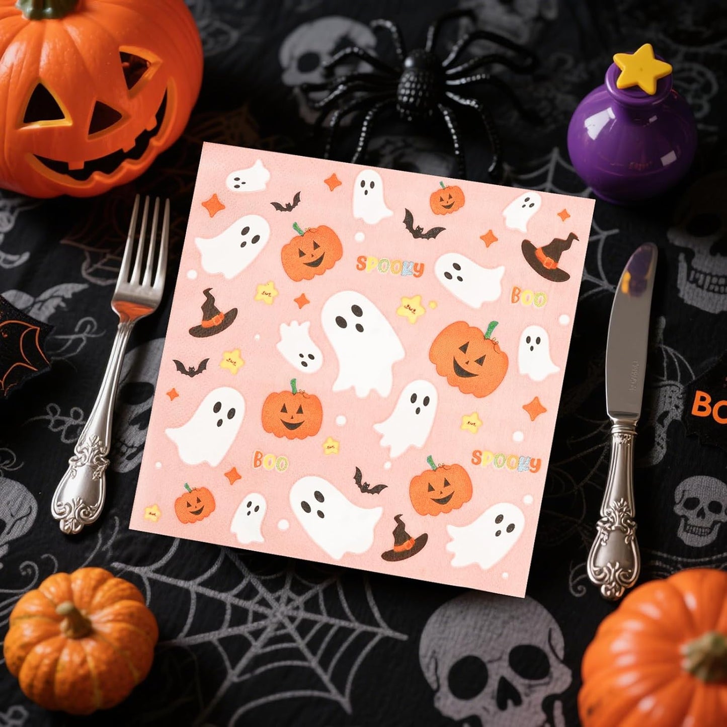 50PCS Pink Halloween Paper Napkins Cartoon Ghost Pumpkin Magic Hat Luncheon Napkins Disposable Dessert Dinner Hand Napkins for Halloween Birthday Party Supplies