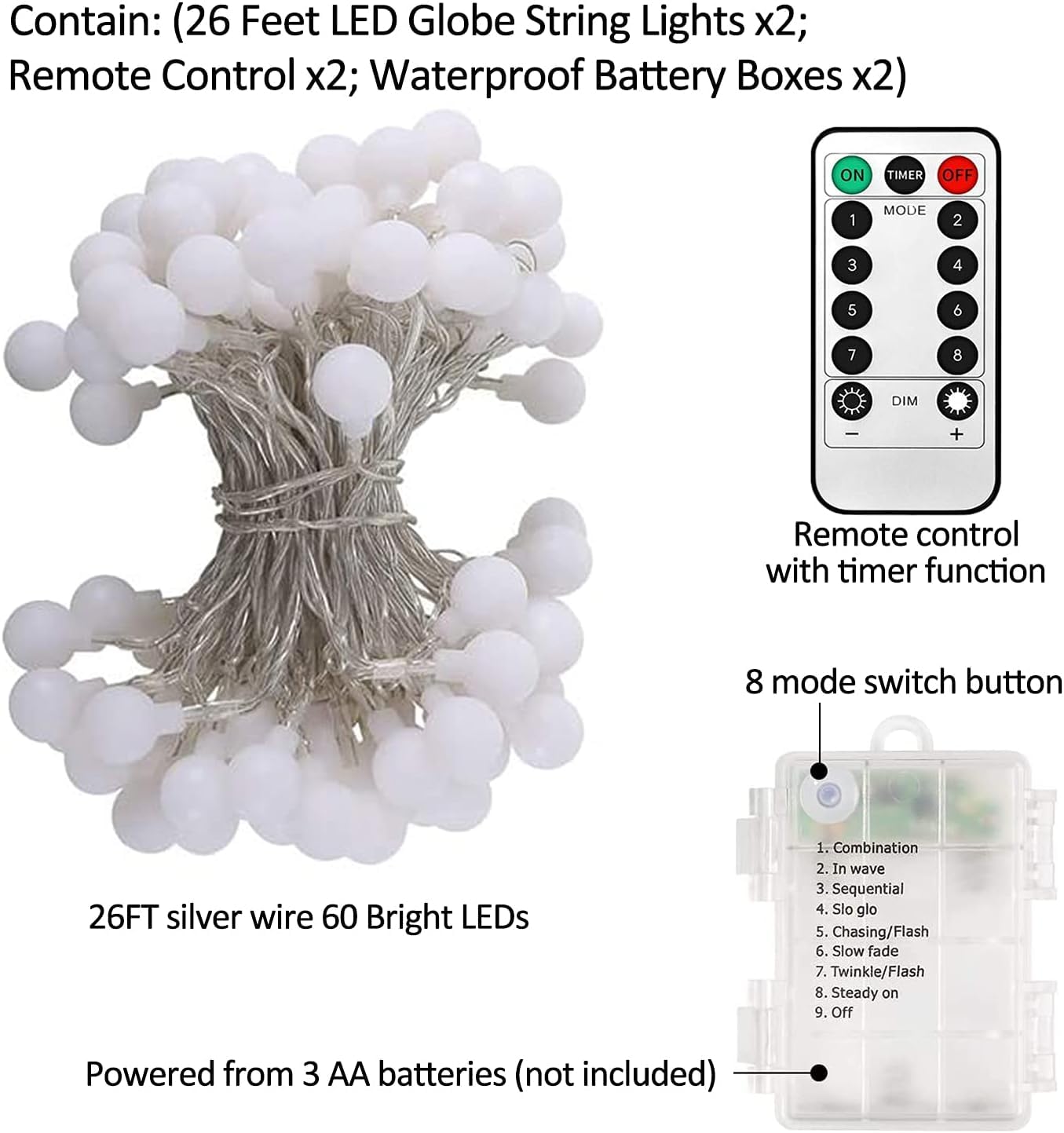 Ghustar Battery Operated Led Globe String Lights, 52Ft 120Leds, Warm White, 8 Modes, Waterproof, Remote For Home & Party Decor