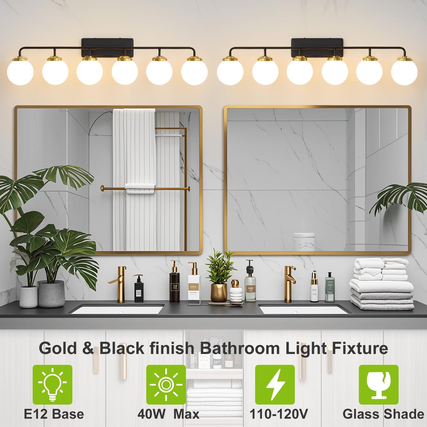 Deyidn Black Gold Bathroom Light Fixtures Over Mirror  Modern Vanity Lighting With Milk White Glass Globe Shades 6-Light Farmhouse Wall Sconce