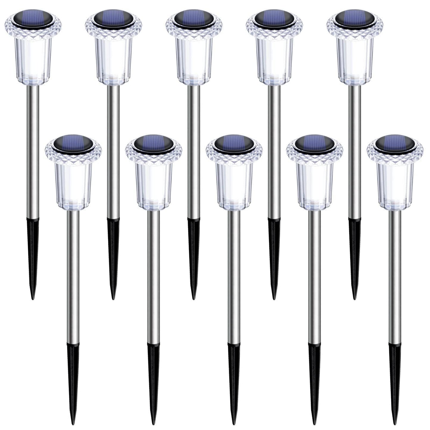 DenicMic Solar Lights Outdoor 10 Pack Waterproof 6000K Cold White LED Stainless Steel Stake Outside Lights for Yard Pathway Garden Driveway Walkway Landscape Path Lighting
