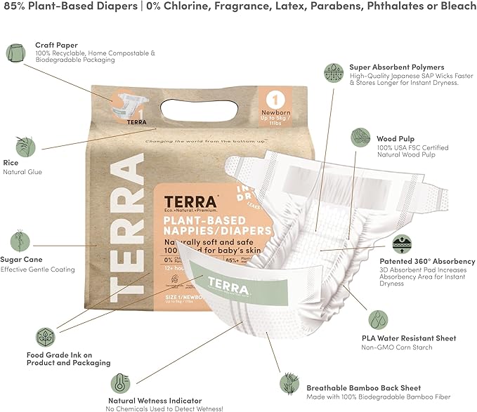 Terra Size 1 Newborn Diapers: 85% Plant-Based, Ultra-Soft & Chemical-Free for Sensitive Skin, Superior Absorbency for Day or Night, Designed for Newborns up to 11 Pounds, 192 Count
