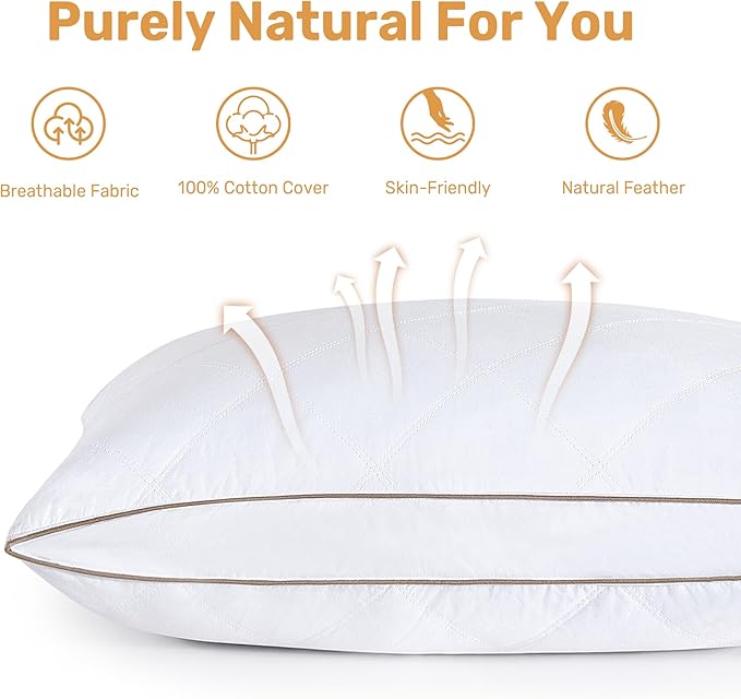 UNIKOME Natural Goose Feathers and Down Pillow - King Size Set of 2, Medium Firm Pillow with 100% Cotton Cover, Gussted & Quilting Design Hotel Collection Bed Pillows for Back, Stomach, Side Sleeping