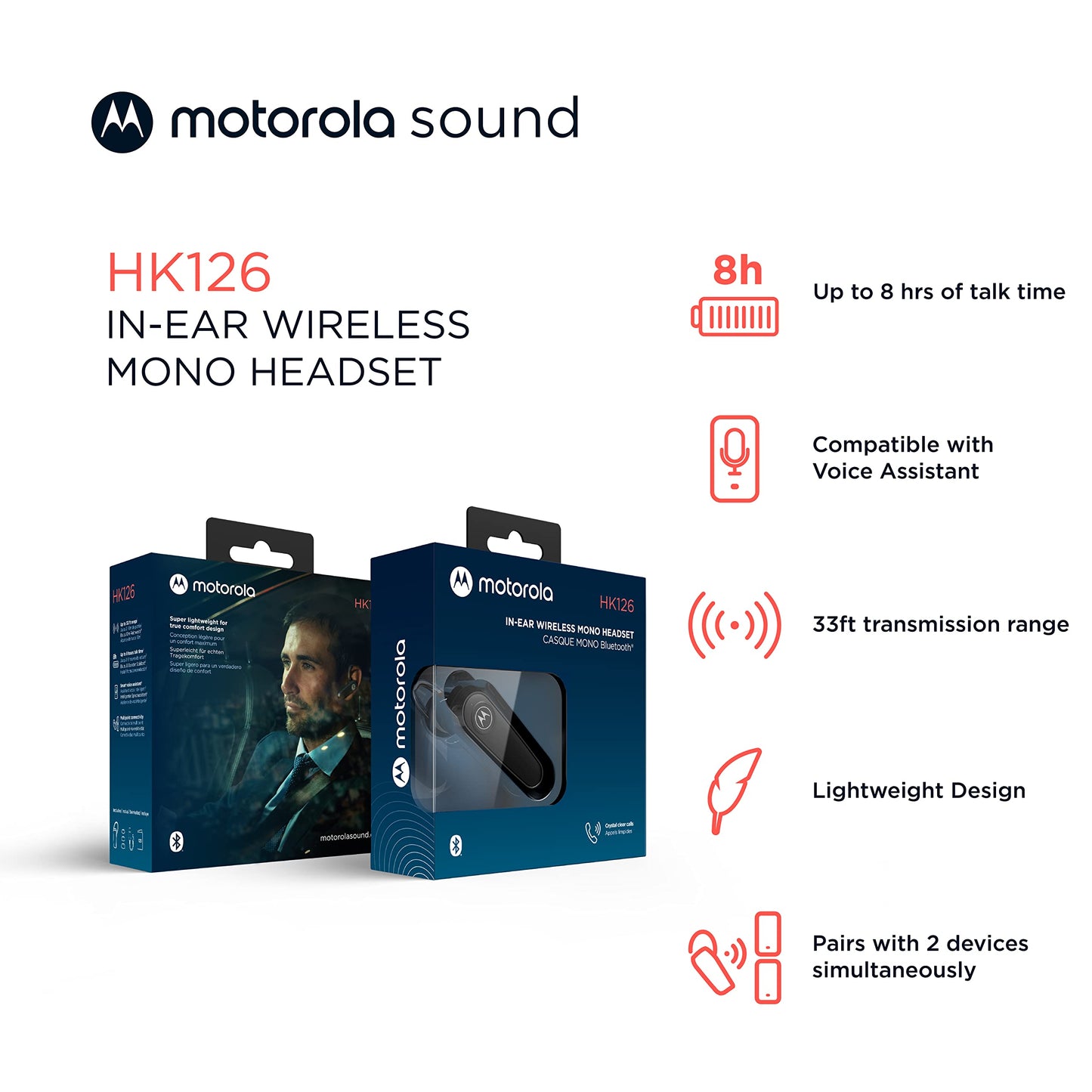 Motorola Sound HK126 Bluetooth Earpiece - Wireless Mono Headset, 8-Hour Talk Time, Voice Assistant, Black