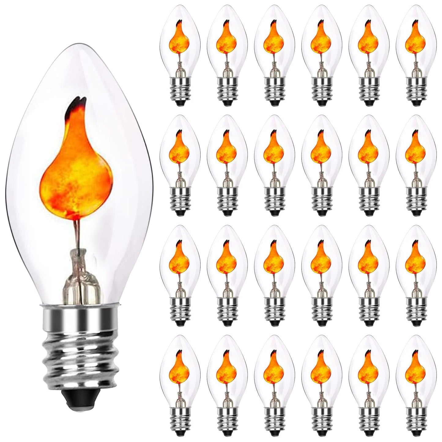 Xingzd 25 Pack Christmas Flickering Flame Light Bulbs Replacement  C7 1W Clear Flicker Flame Candle Bulbs  E12 Candelabra Light Bulbs For Christmas Window Candles Chandelier Holiday Decor