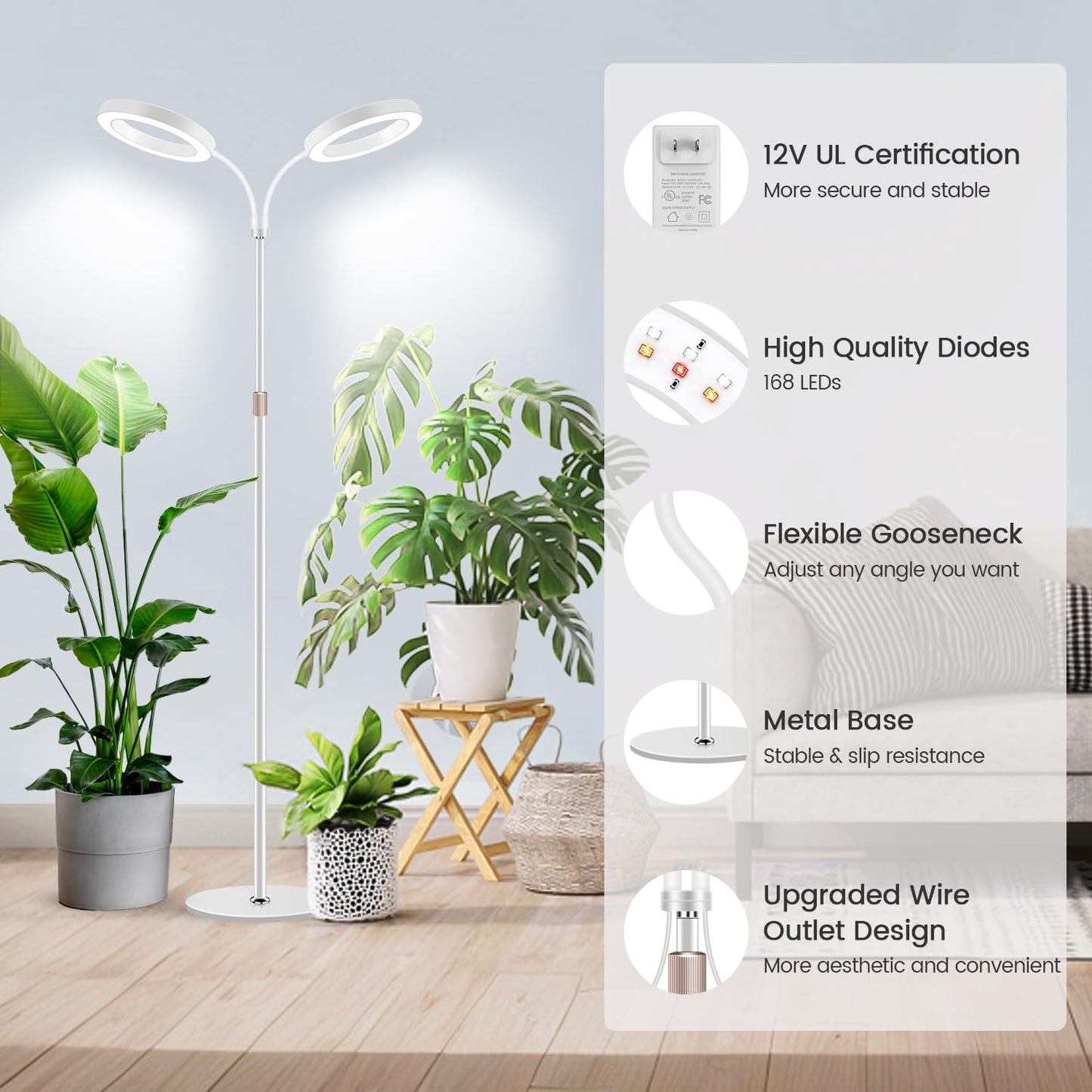 Garpsen Grow Lights For Indoor Plants  Dual-Head Full Spectrum Led Plant Light With Stand  3 Color Modes Grow Lamp With Timer 6/12/16H  5 Dimmable Levels  168 Leds And 67Height Adjustable(White)