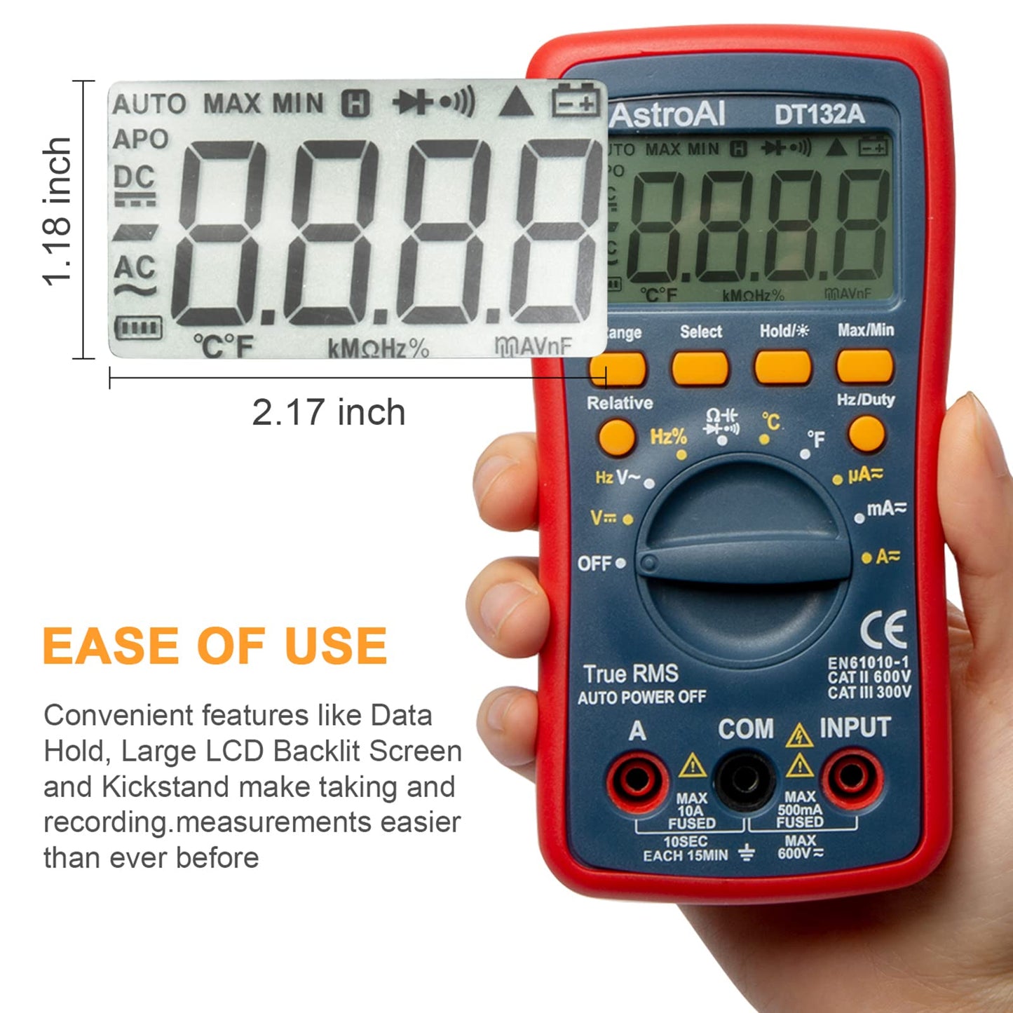 AstroAI Digital Multimeter, TRMS 4000 Counts Volt Meter (Manual and Auto Ranging); Measures Voltage Tester, Current, Resistance, Continuity, Frequency; Tests Diodes, Temperature (Red)