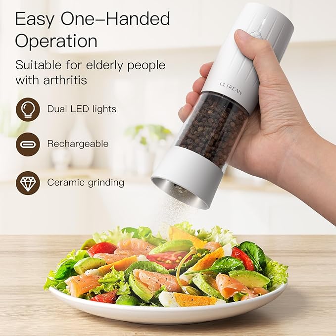 Ultrean Salt and Pepper Grinder Set, Rechargeable Automatic Pepper Mill Shakers, 6 Adjustable Coarseness, LED Light, Kitchen Gadget for House warming Gifts, Black & White