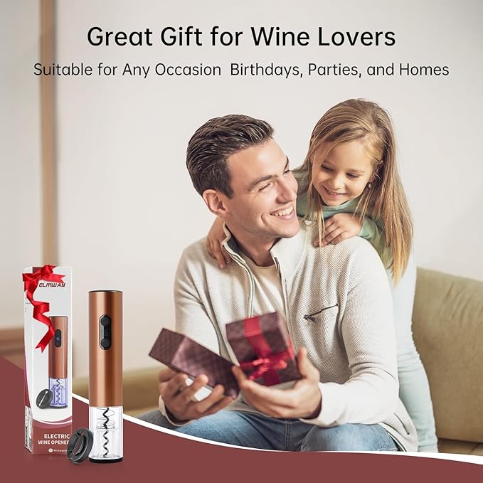 Rechargeable Wine Opener by ELMWAY, Electric Wine Bottle Opener with Foil Cutter, LED Light and Stainless Steel Shell, Cordless Corkscrew & Cork Remover, Gifts for Wine lover- Rose Gold