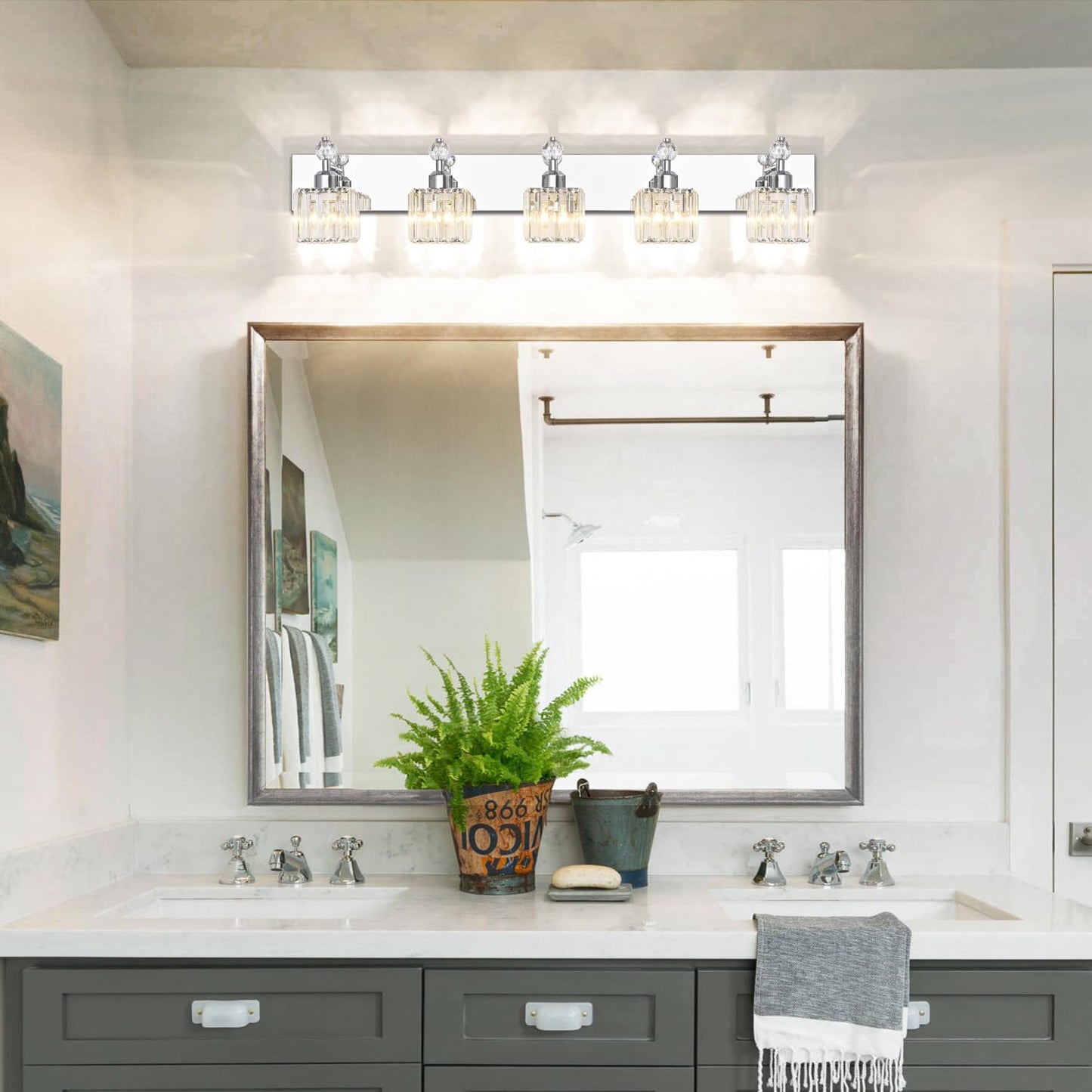 PRESDE 5-Light Vanity Light Fixtures, Modern Crystal Chrome, Stainless Steel, Model PRESDE-ModernK9