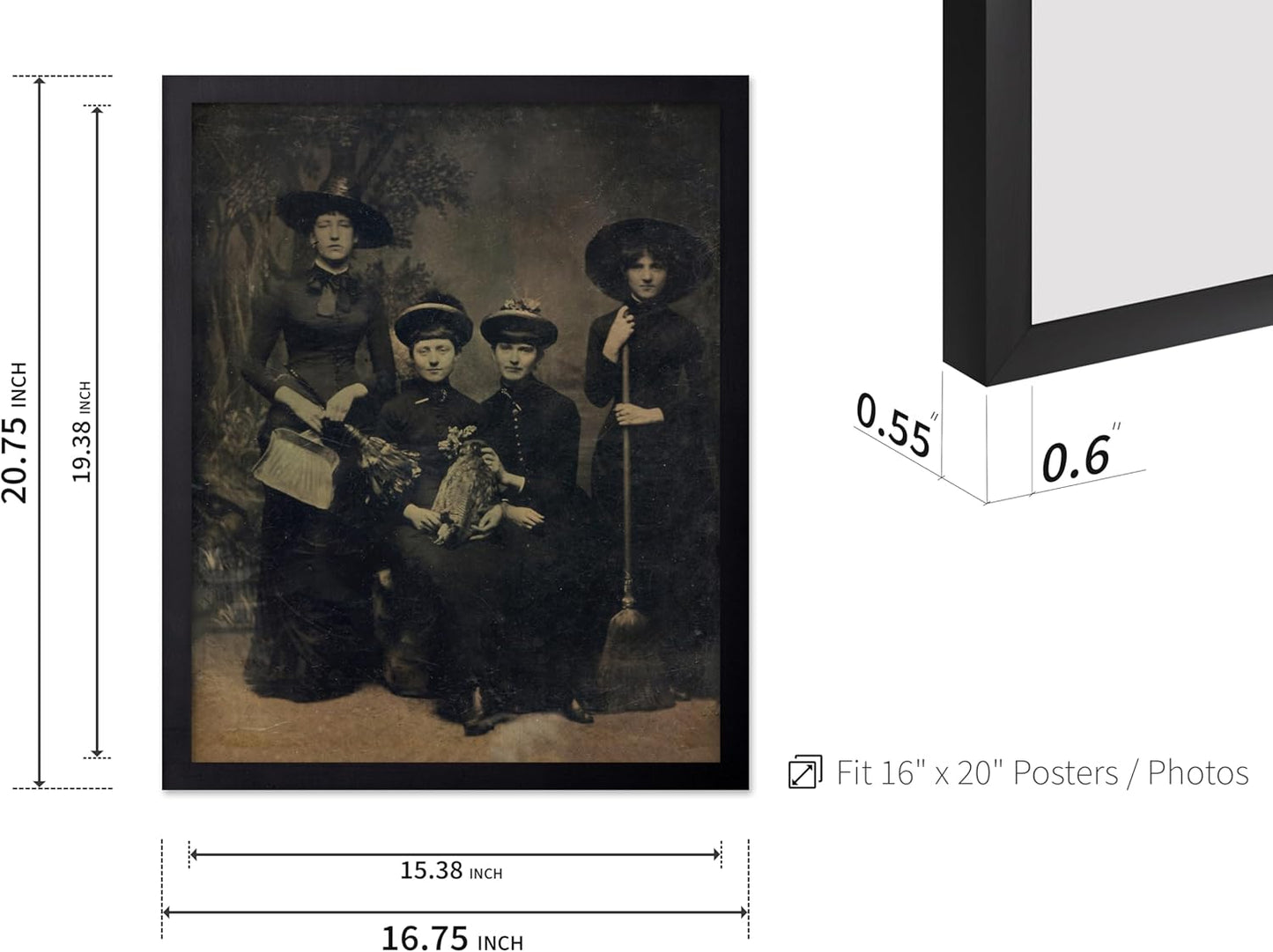 Poster Master Vintage Photograph Poster - Retro Halloween Print - Gift for Artist, Friend - Four Witches Wearing Robes, Sabbath, Coven, Sorcery - Wall Decor for Home, Office, 16x20 Black Framed