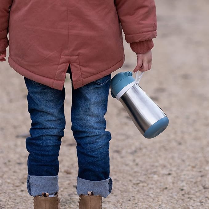 BEABA Kids Stainless Steel Insulated Water Bottle, Kids Water Bottle, Toddler Insulated with Spill Proof Spout and Close Top, Perfect for Travel, (Rain)