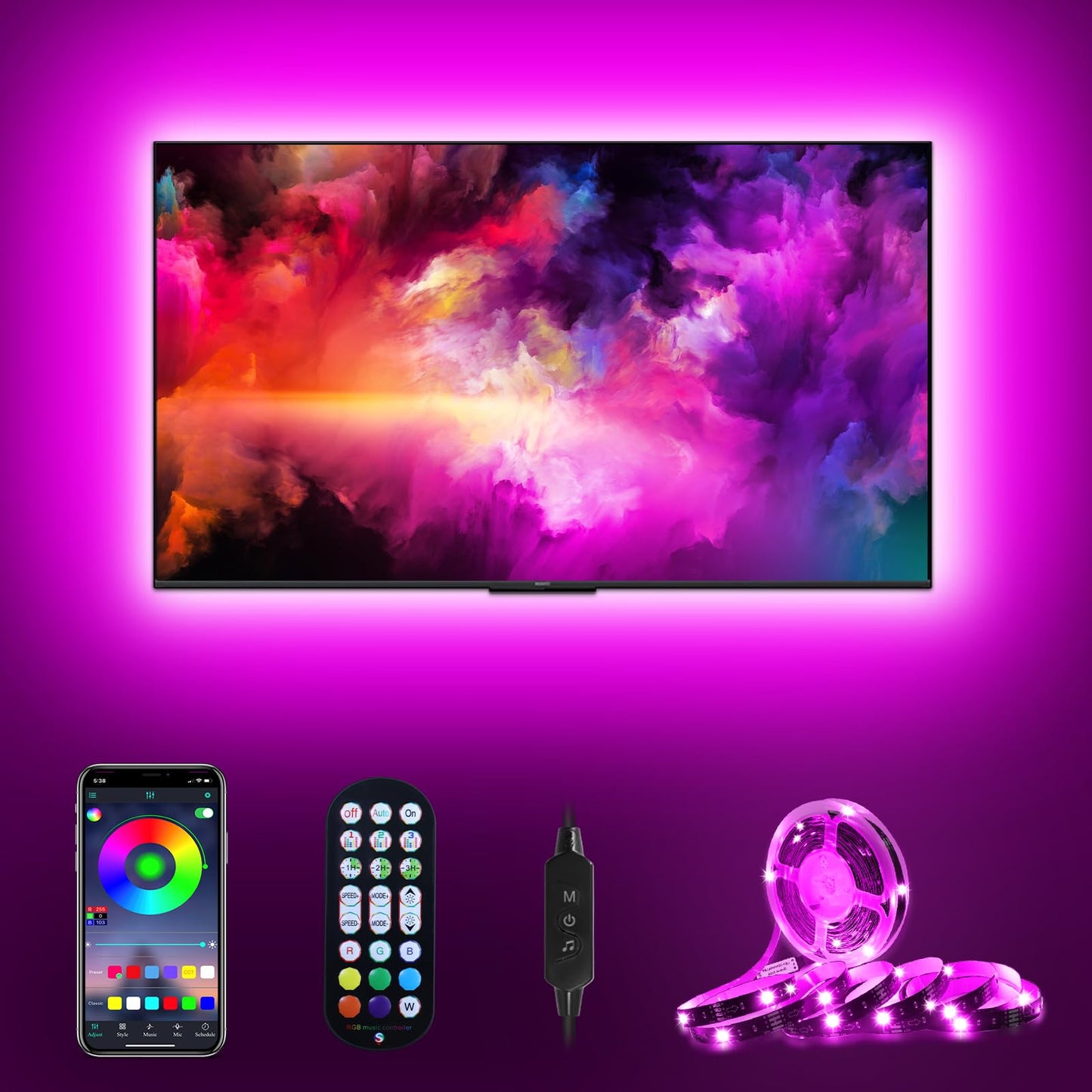 Daymeet LED Backlight for TV, RGB Light Strip, 9.8ft for 32in-60in TV, USB Powered, Remote & Music Sync, Model DML-3M-RGB