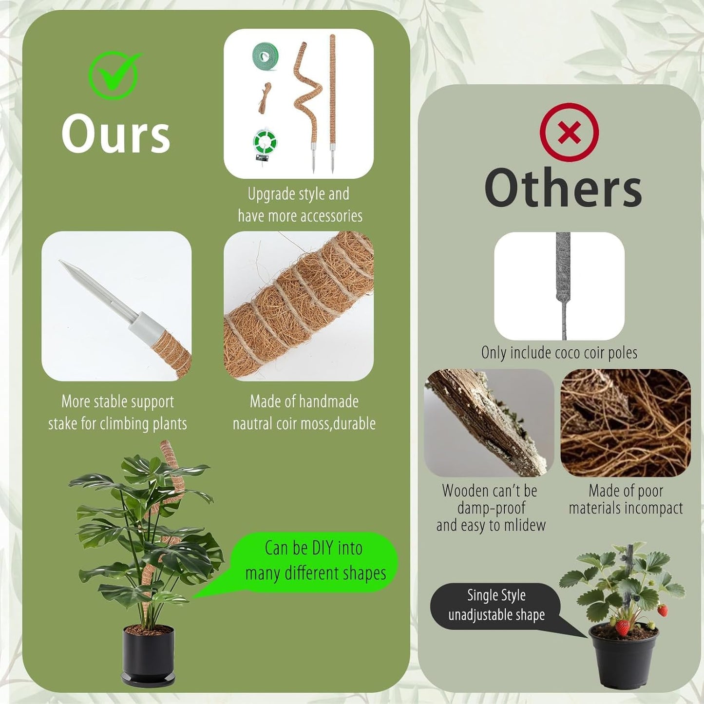 3 Pack Moss Pole, 28" 48" 63" Monstera Plant Support for Climbing Indoor Plants, Bendable Coco Coir Plant Support Stakes for Potted Plants, Pothos, Philodendron
