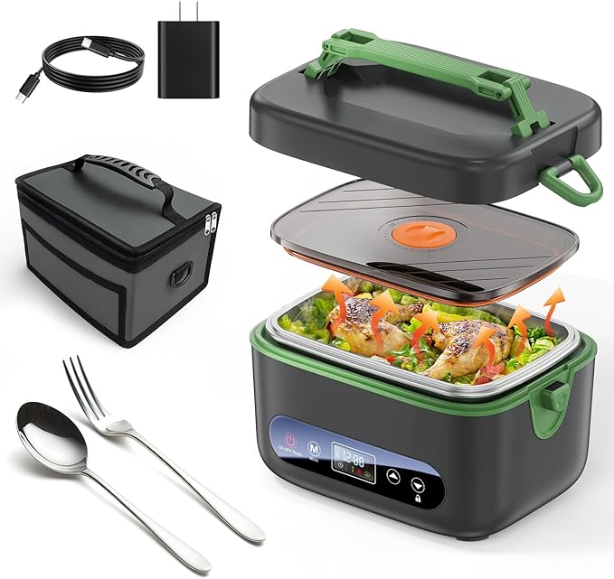 Cordless Electric Lunch Box for Adults：20000mAh Rechargeable Heated Lunch Box with Self Heating & 1.2L Portable Food Warmer for Work Travel Car(Gray-Green)