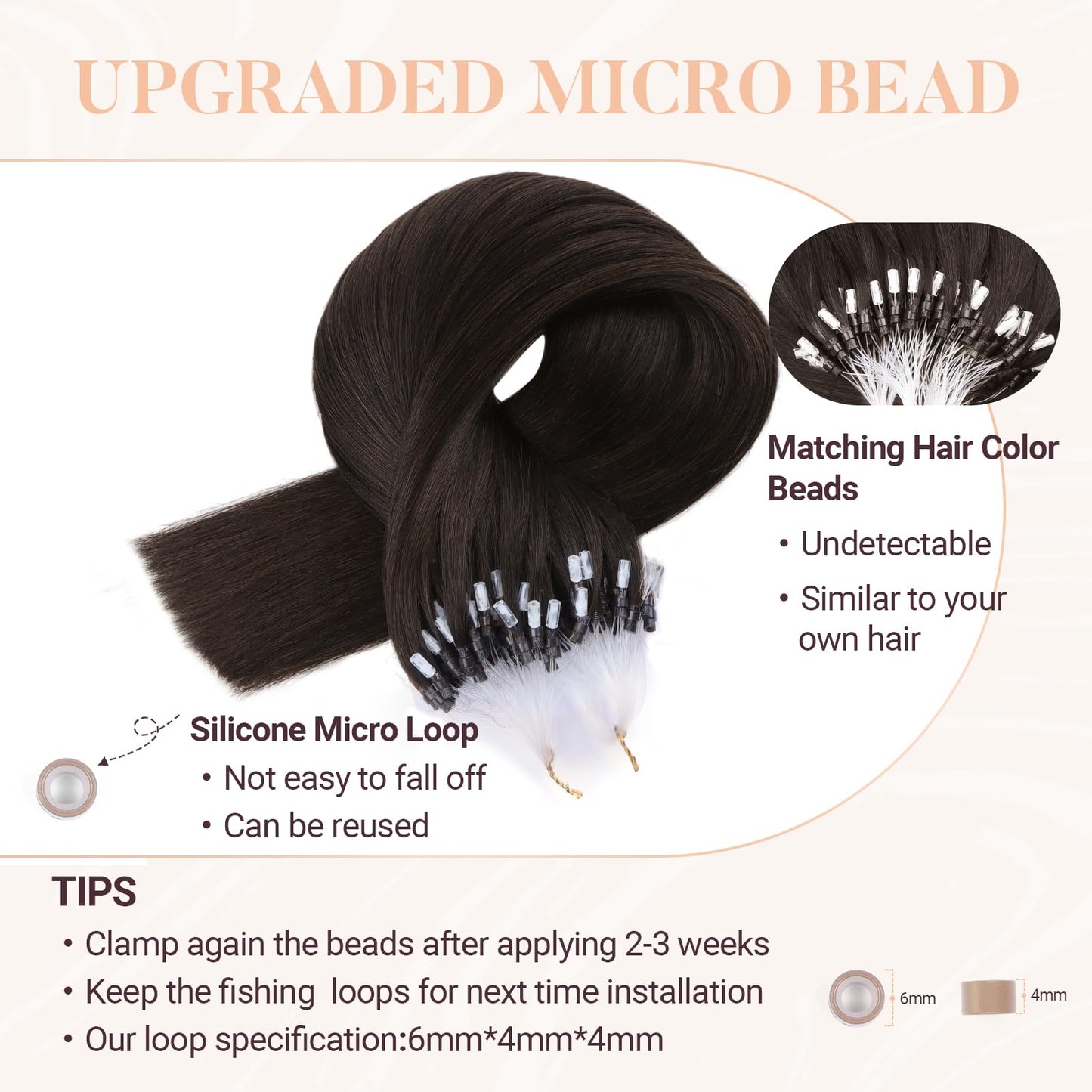 MAXITA Microlink Hair Extensions Human Hair Dark Brown Micro Bead Hair Extensions Virgin Human Hair, 50g/50 Strands/Pack, 18 In