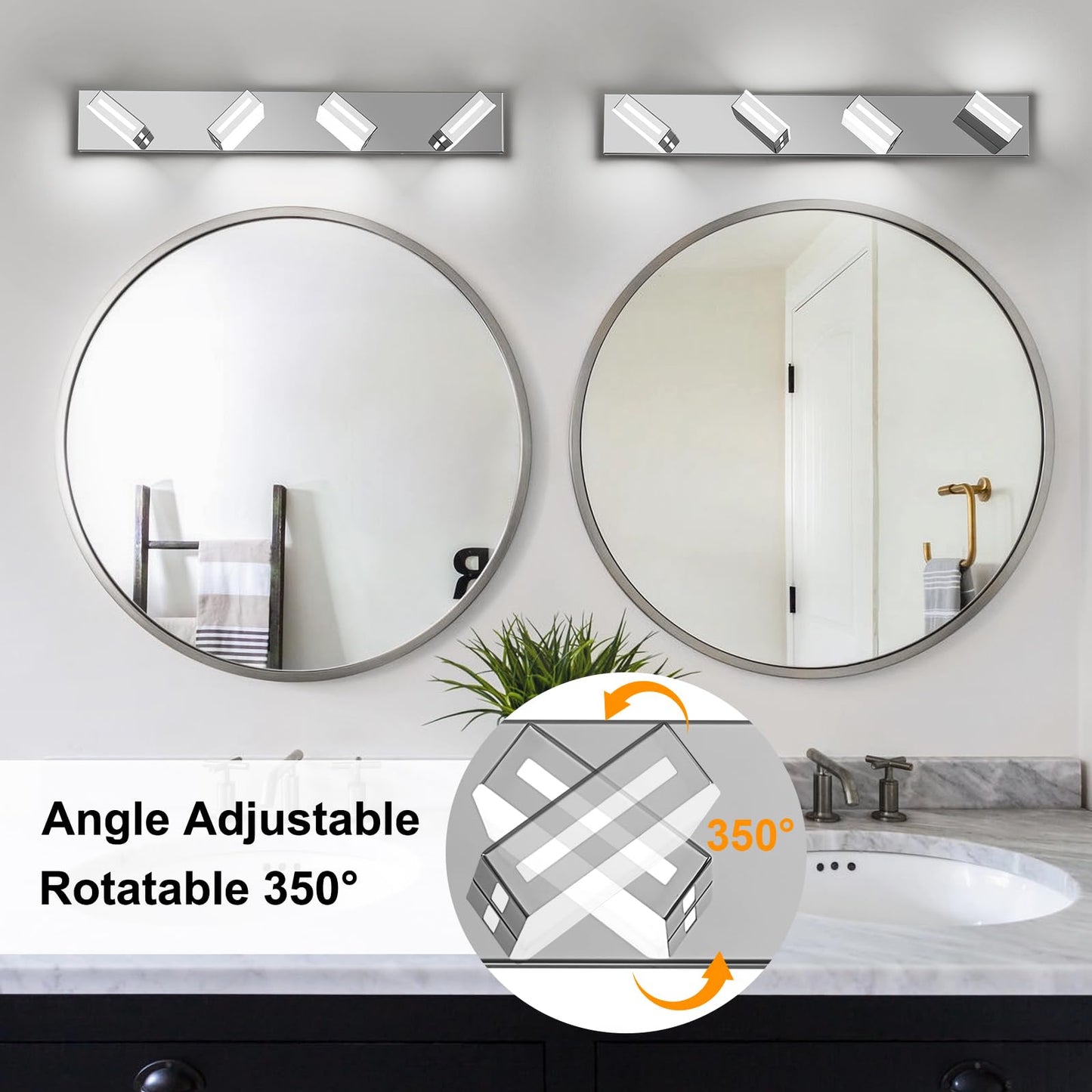 Donrao 30-Inch 4-Light Led Modern Chrome Bathroom Vanity Light Fixtures Over Mirror  Bathroom Lighting Fixtures With Cool White 6000K  Rotatable Vanity Wall Lights For Bath Restroom Powder Room