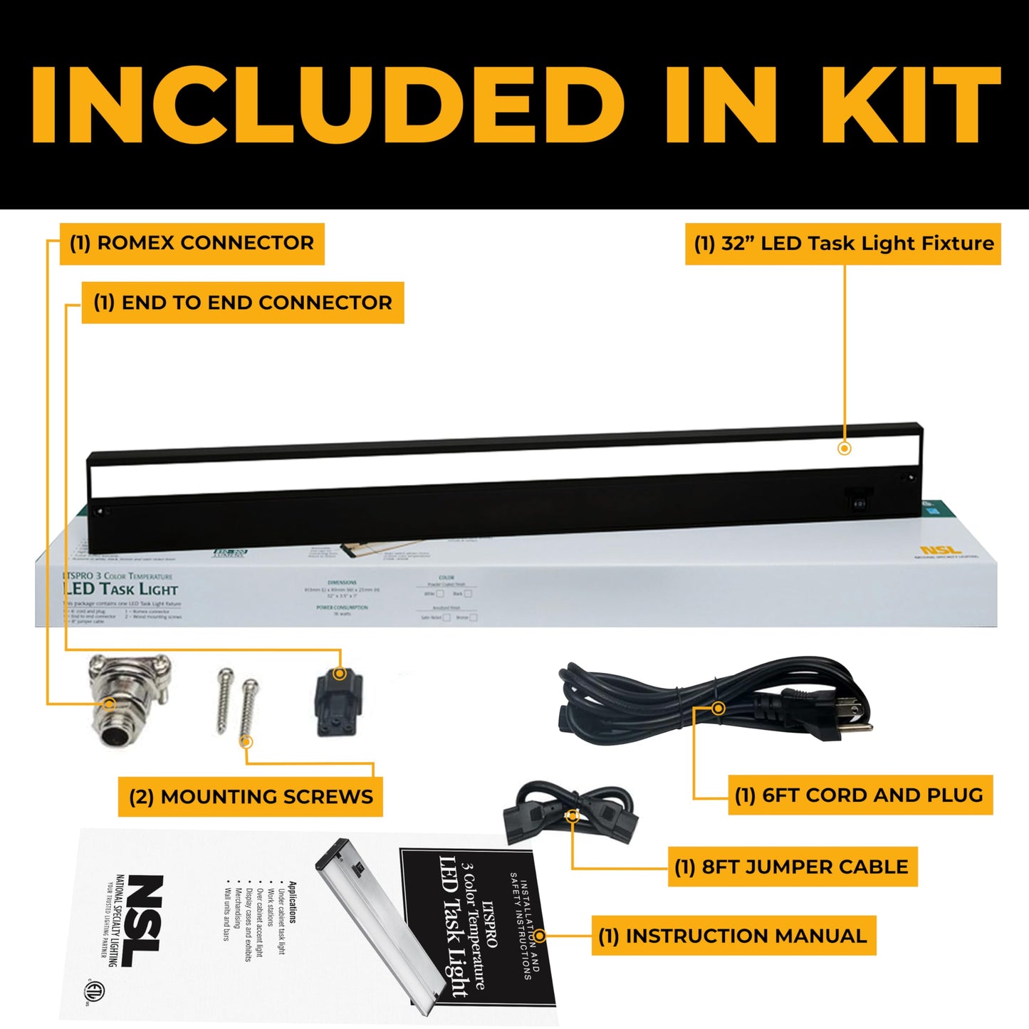 NSL LED Under Cabinet Lighting Dimmable 32 Inch Black Aluminum, 3 Color Temperatures (2700K, 3000K, 4000K), Model LTSPRO-32