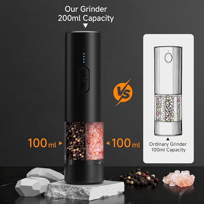 Electric Salt and Pepper Grinder Shakers 2 IN 1-Rechargeable Automatic Pepper Mill,with LED Lighting,Adjustable Grinder,Large Capacity-Ideal for Kitchen (Black)