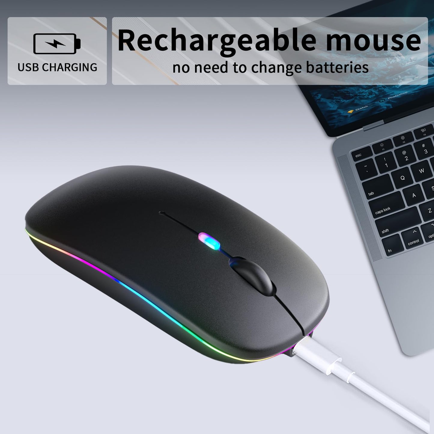 KANMABPC Wireless Bluetooth Mouse – Rechargeable, Silent, Dual Mode (Bluetooth 5.2 & USB) with LED Lights – Portable for Laptop, Desktop, & Tablet(Black)