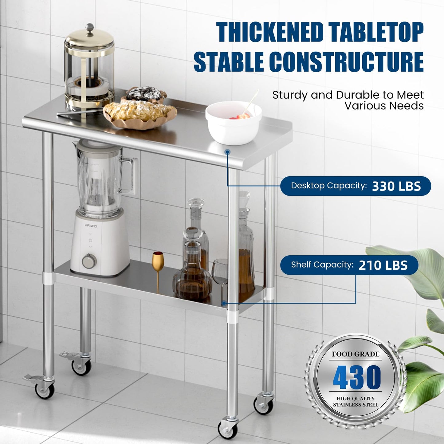 Chingoo Stainless Steel Work Table with Wheels, 14x30 Inch NSF Food Prep Table with Backsplash & Adjustable Undershelf for Commercial Kitchen, Restaurant, Garage