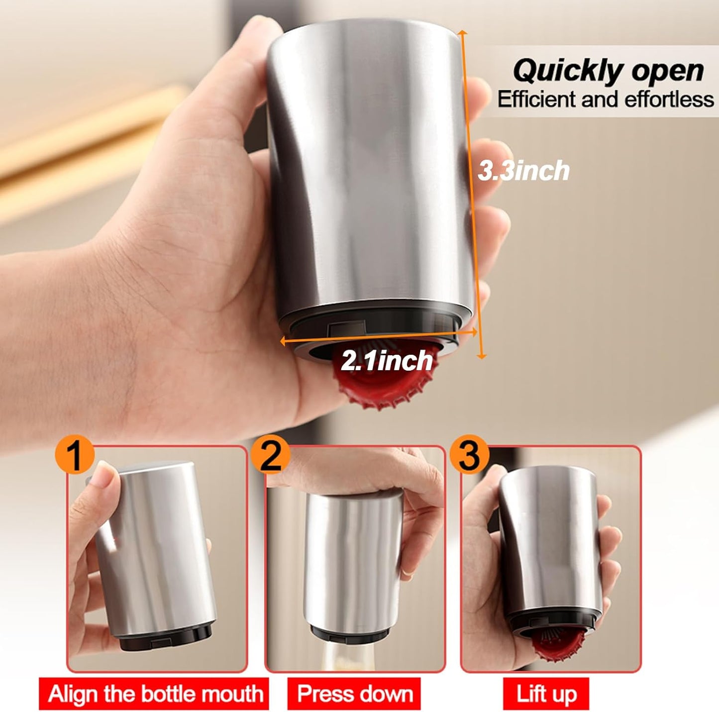 Beer Bottle Opener Automatic Bottle Opener Premium Bottle Openers for Seniors, Down-Pop Off Destapadores de Cerveza with Magnetic Cap Catcher, Cool Bartender Tools, Men Beer Gift （Silvery）