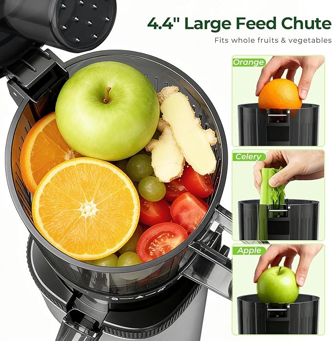 Cold Press Juicer Machine, 4.4" Wide Feed Chute, Slow Masticating Juicer for Whole Vegetables & Fruits, Easy to Clean Stainless Steel Juice Press, Dishwasher Safe, High Juice Yield