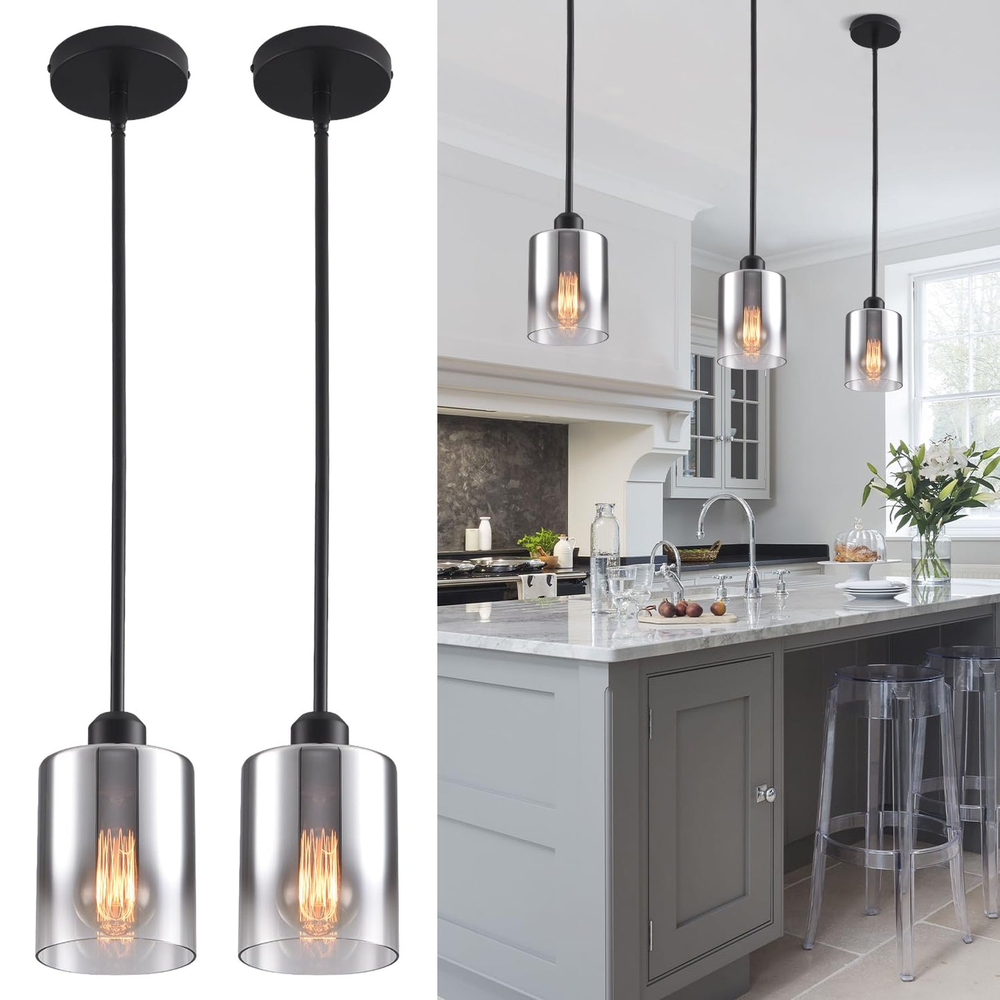 Ihengyanlt 2 Pack Pendant Light Kitchen Island Pendant Lighting  Hanging Light With Silver Gradient Glass Shade  Black Modern Indoor Hanging Lamp