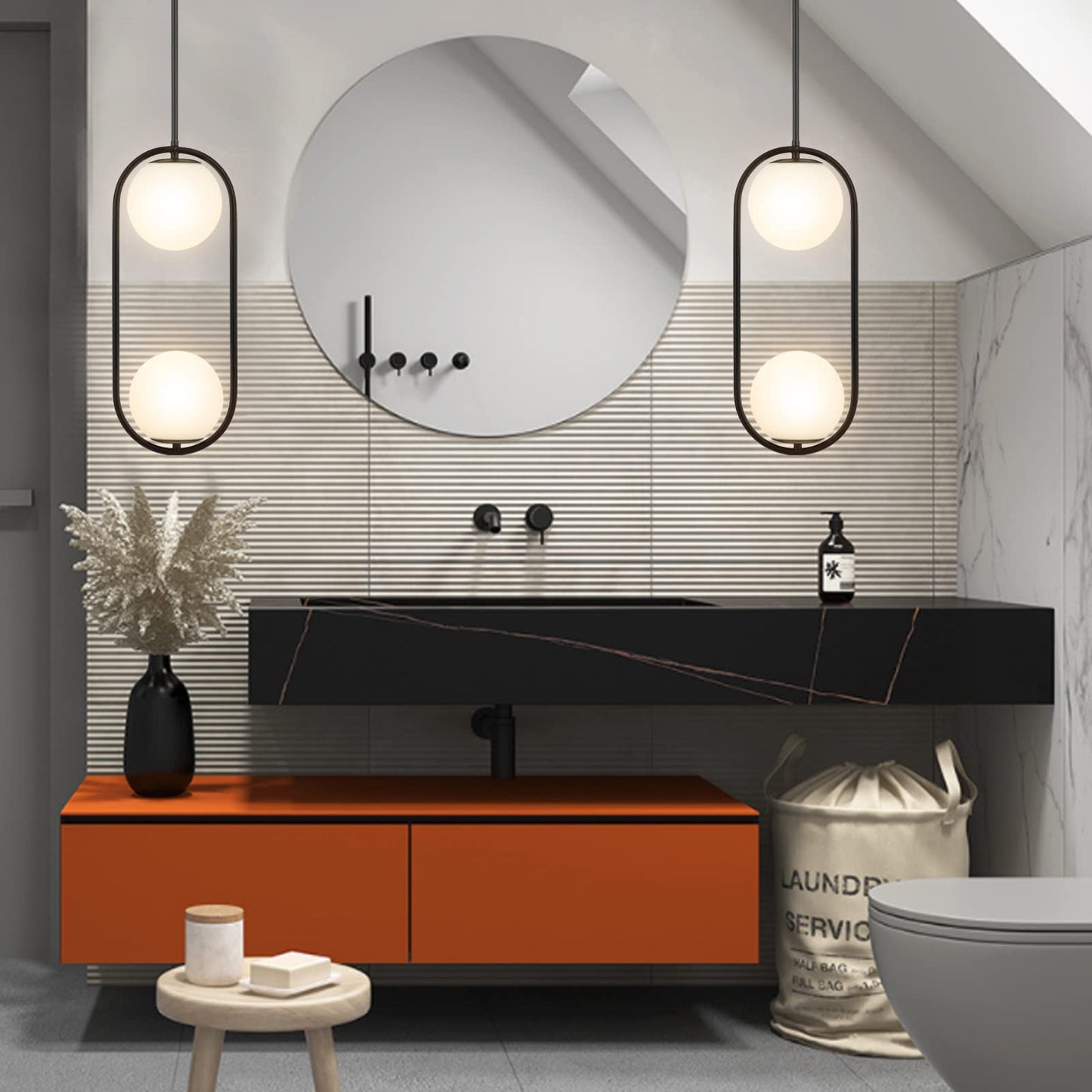 Byoliima 2-Lights Modern Globe Chandelier Mid Century Pendant Light Matte Black Ceiling Hanging Lighting Fixture With White Globe Glass Lampshade For Kitchen Island Dining Room Bedroom